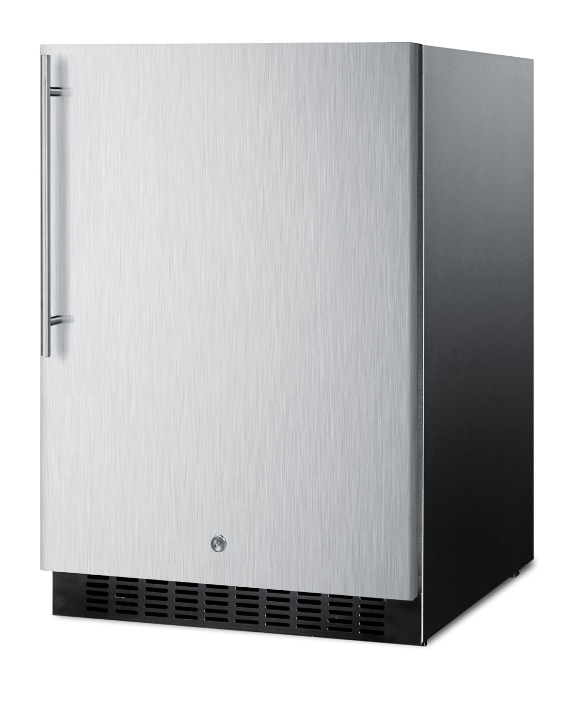 Built-in undercounter all-refrigerator for residential or commercial use, frost-free w/stainless steel wrapped door, horizontal handle, and black cabinet